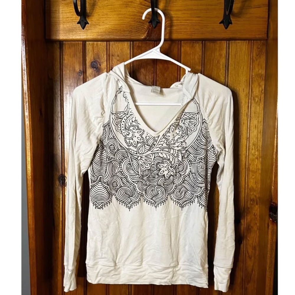 Prana Hoodie Small Cream Mandala Graphic V-Neck Bamboo Rayon Long Sleeve Top